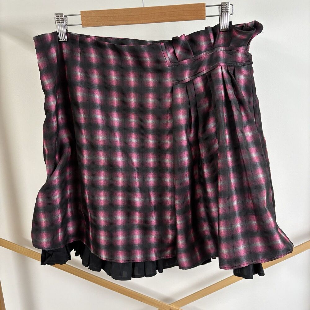 Red Valentino Y2K Plaid Mini Skirt (Sz 10) Pink Black Layered Ruffle Punk Goth